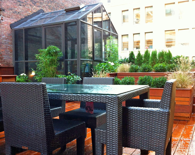 Village Roof Garden: Terrace Deck, Wood Planter Boxes, Sunroom, Outdoor Dining contemporary-terrace