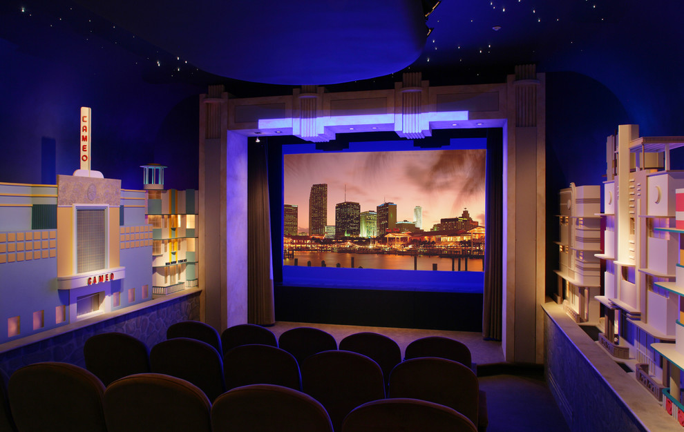 Photo of a contemporary enclosed home theatre in Phoenix with a built-in media wall.