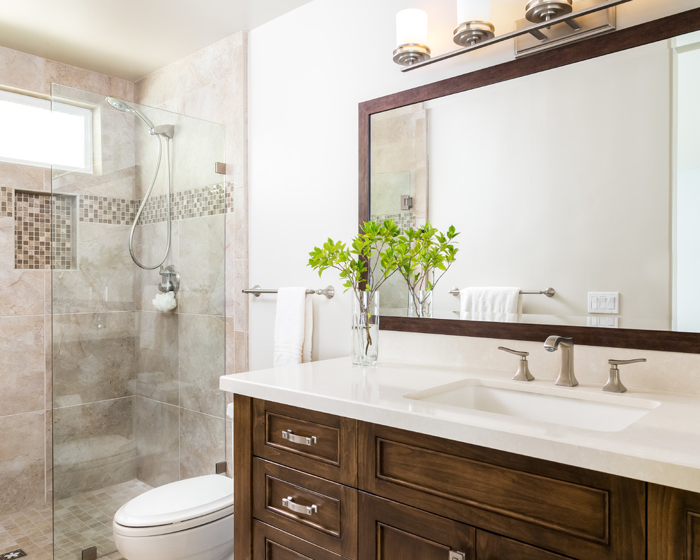 Design ideas for a small transitional 3/4 bathroom in San Diego with beaded inset cabinets, medium wood cabinets, a double shower, beige tile, stone tile, beige walls, travertine floors, an undermount sink and engineered quartz benchtops.