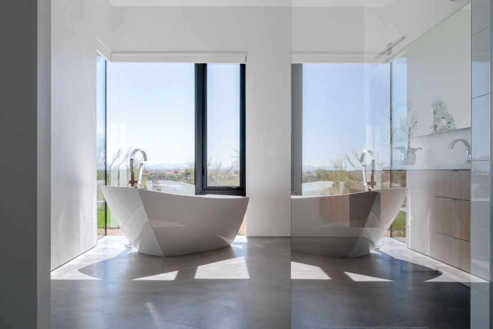 Foto di una grande stanza da bagno padronale moderna con vasca freestanding e pavimento in cemento