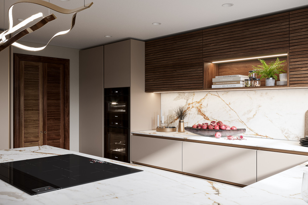 Painted Malt Chocolate and Dark Veneer Kitchen with Neolith Worktop ...