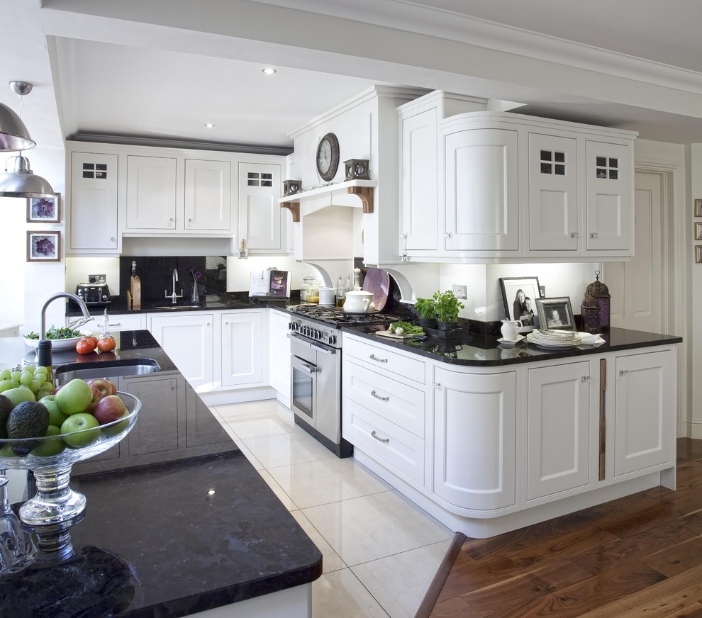 Inspiration for a mid-sized contemporary l-shaped separate kitchen in Dublin with recessed-panel cabinets, white cabinets, ceramic floors and no island.