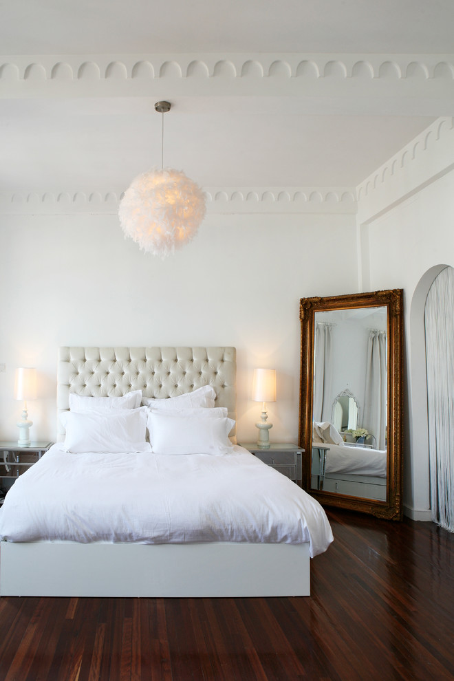Inspiration for a transitional bedroom in Other with white walls and dark hardwood floors.