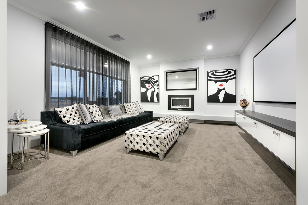 Photo of a mid-sized contemporary open concept home theatre in Perth with white walls, carpet and a projector screen.