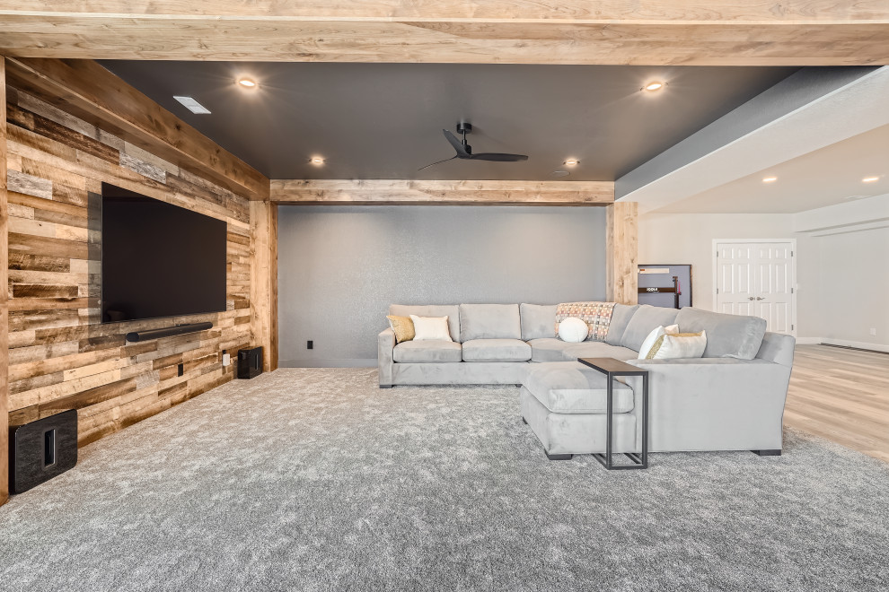 Huge minimalist walk-out basement photo in Denver with gray walls