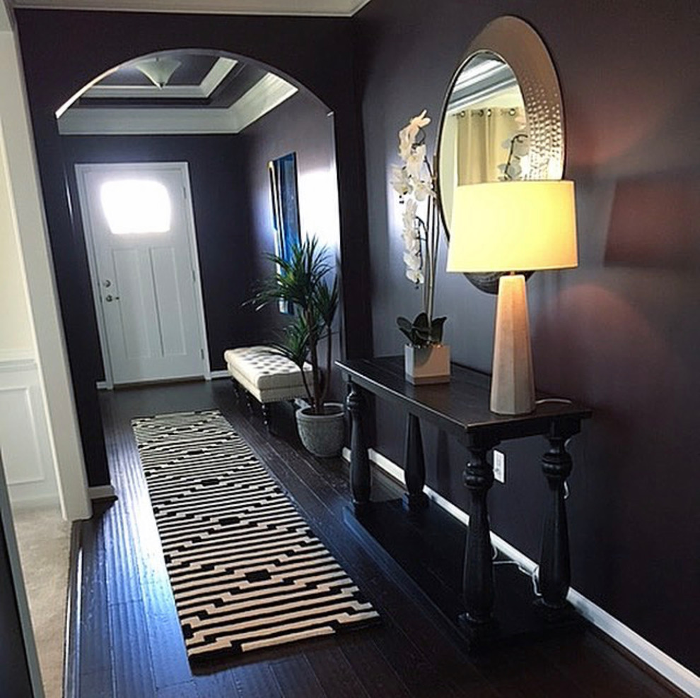 Inspiration for a mid-sized transitional front door in DC Metro with vinyl floors, brown floor, purple walls, a single front door and a white front door.