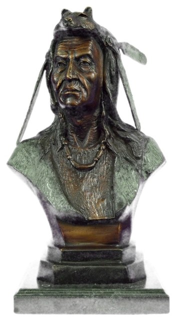 Native American Bust Bronze Sculpture Statue On Marble Base Figurine 