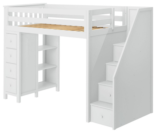 Plank+Beam Twin Loft Bed+4 Drawer Dresser+Bookcase+Storage and Stairs Transitional Loft Beds