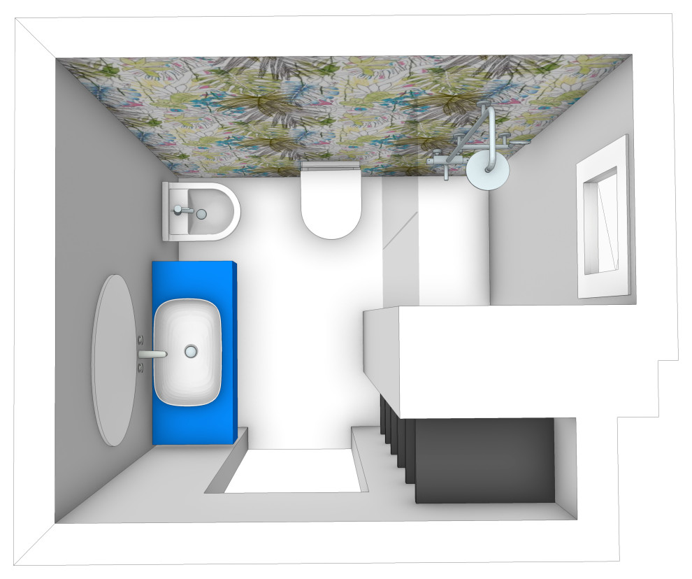 Kleines Modernes Badezimmer mit blauen Schränken, bodengleicher Dusche, Wandtoilette, Keramikfliesen, weißer Wandfarbe, Betonboden, Aufsatzwaschbecken, Waschtisch aus Holz, weißem Boden, Falttür-Duschabtrennung, blauer Waschtischplatte, Einzelwaschbecken, schwebendem Waschtisch und eingelassener Decke in Mailand