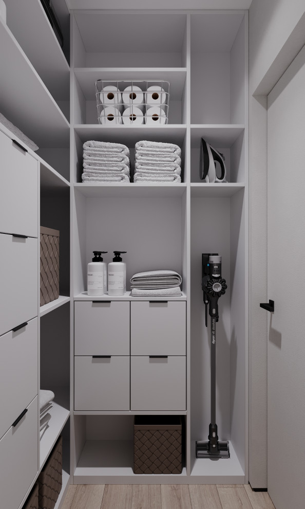 Mid-sized contemporary u-shaped laundry cupboard in Other with open cabinets, white cabinets, wood benchtops, grey walls, vinyl floors, beige floor, white benchtop, wallpaper and wallpaper.