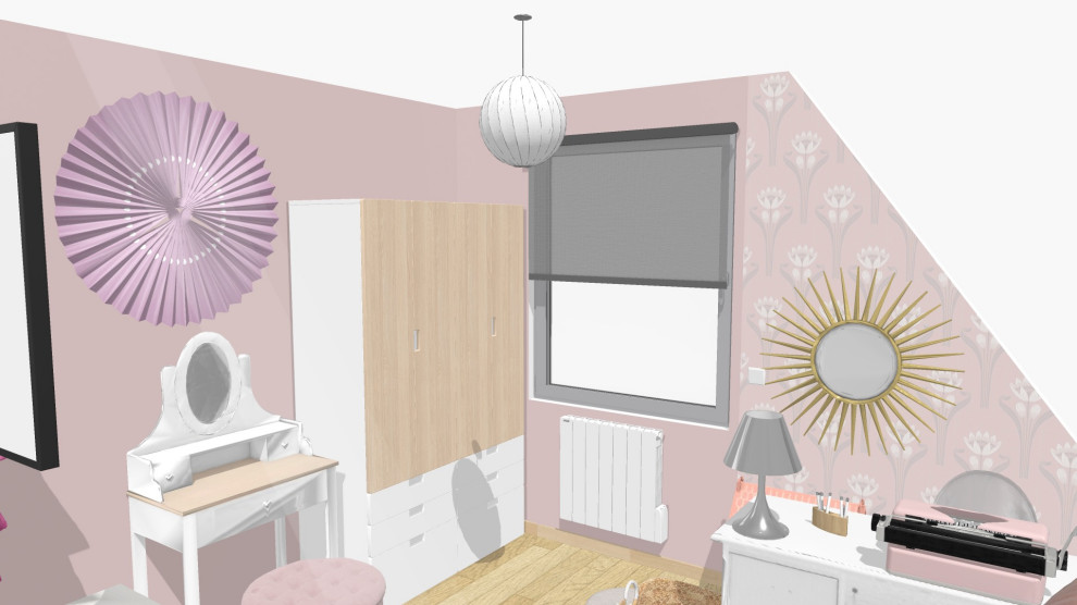Esempio di una piccola cameretta per bambini da 4 a 10 anni classica con pareti rosa, parquet chiaro, soffitto a volta e carta da parati