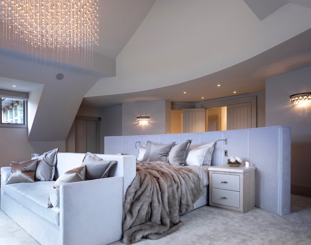 Large contemporary master bedroom in Cheshire with grey walls, carpet, no fireplace and grey floor.