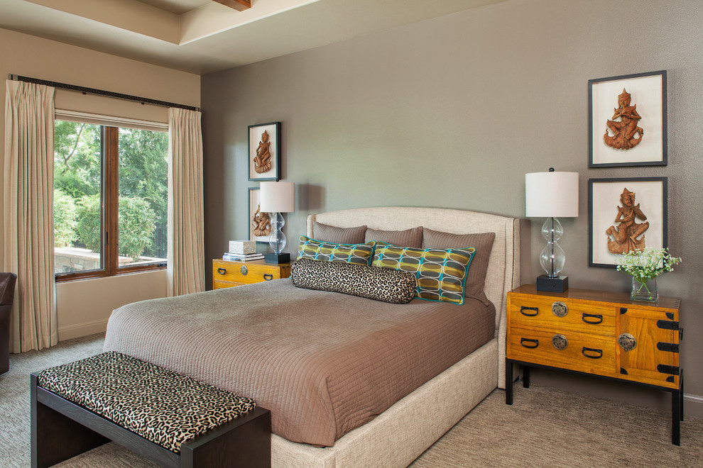 Inspiration for a transitional master bedroom in Austin with grey walls and no fireplace.