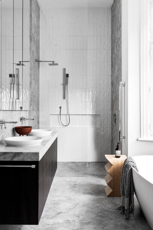 Contemporary Elegance: Explore White Shower Tile Ideas Paired with Gray Floor Tiles