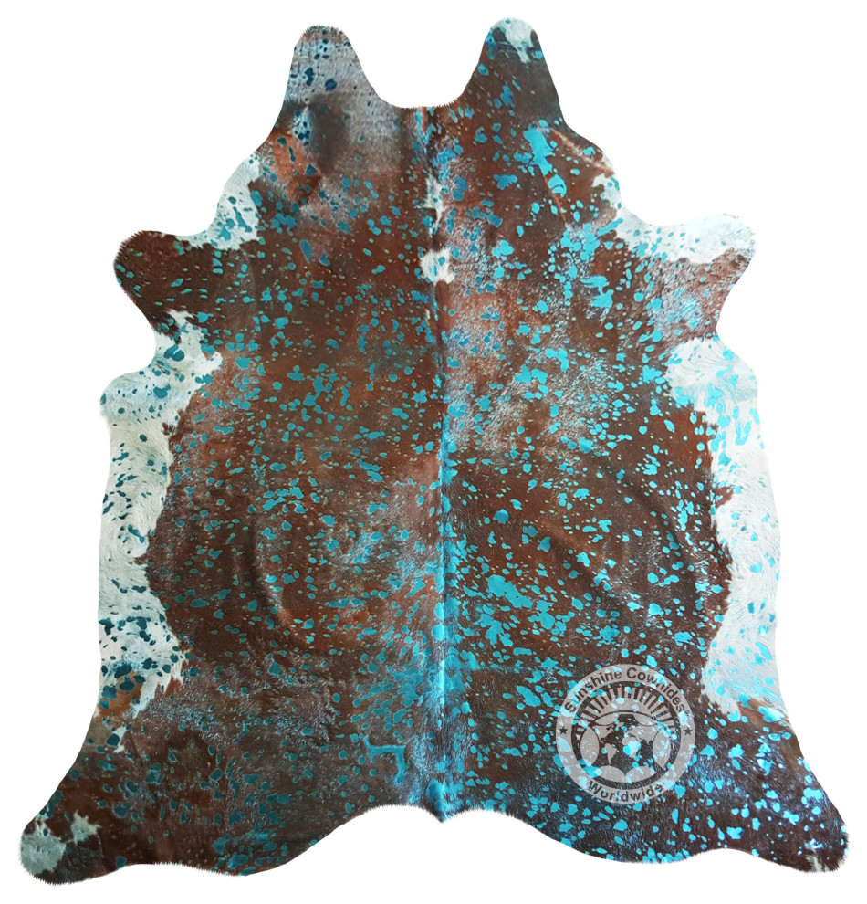 Brazilian Cowhide Rug Devore Acid Wash Turquoise on Brown & White