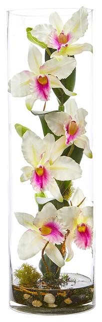 20 Cattleya Orchid Artificial Floral Arrangement Cylinder Vase