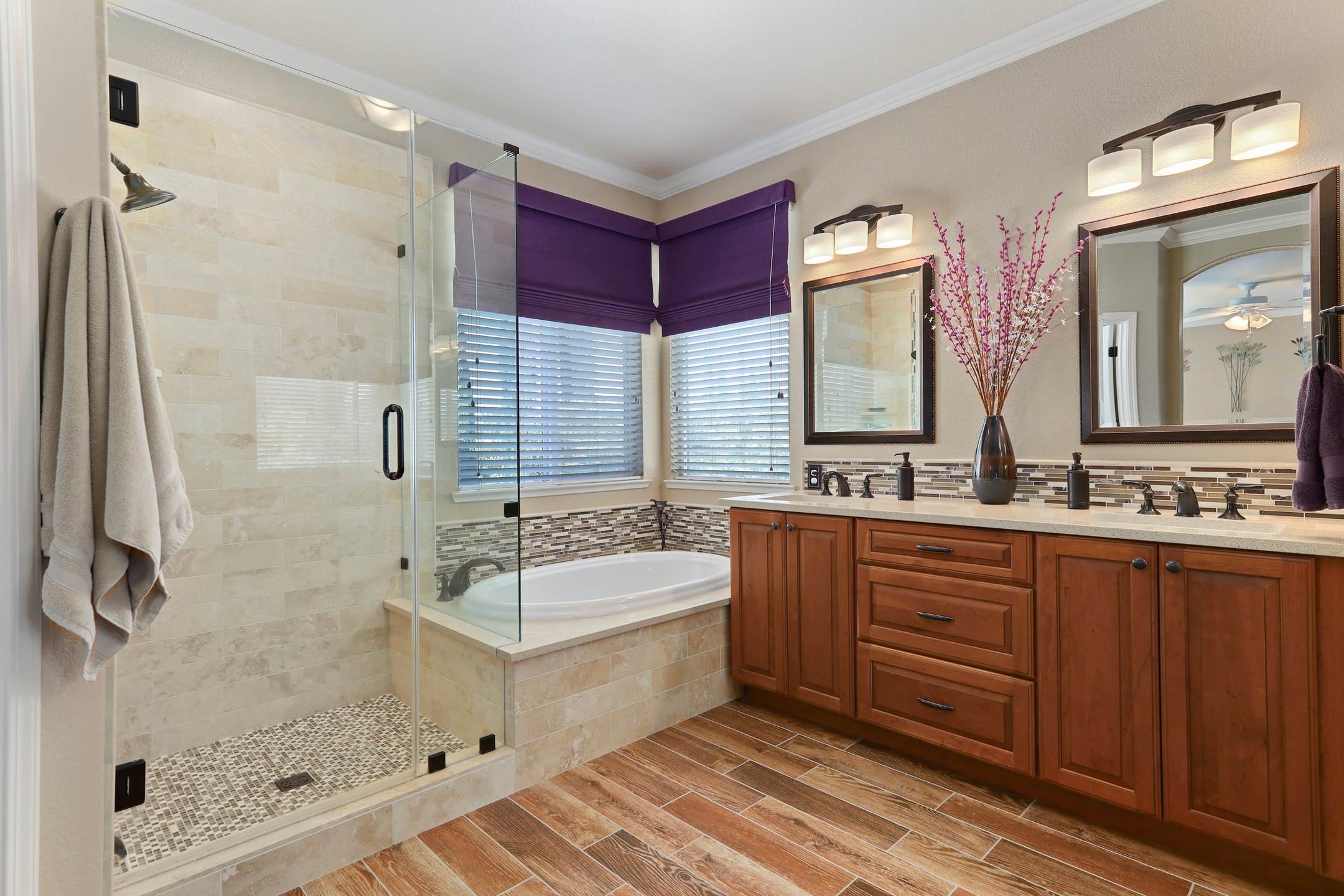 CUSTOM SHOWER & GLASS SURROUND, DROP IN TUB & CHERRY CABINETS