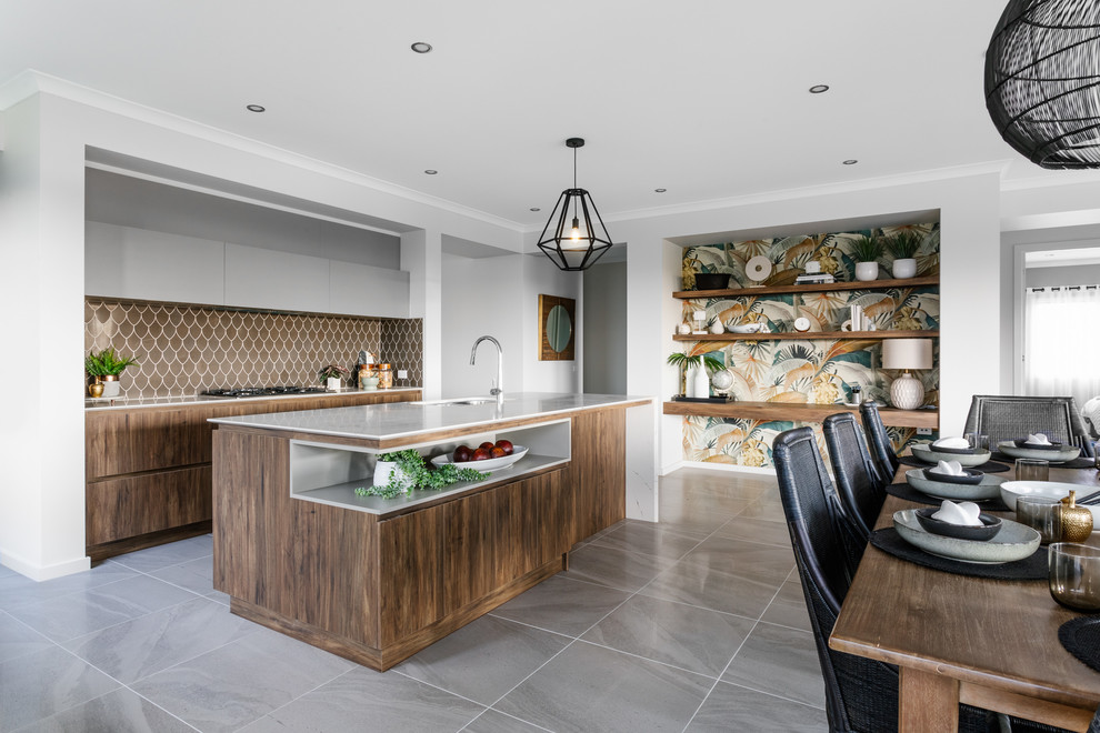 This is an example of a contemporary galley eat-in kitchen in Adelaide with an undermount sink, flat-panel cabinets, medium wood cabinets, brown splashback, with island, grey floor and white benchtop.