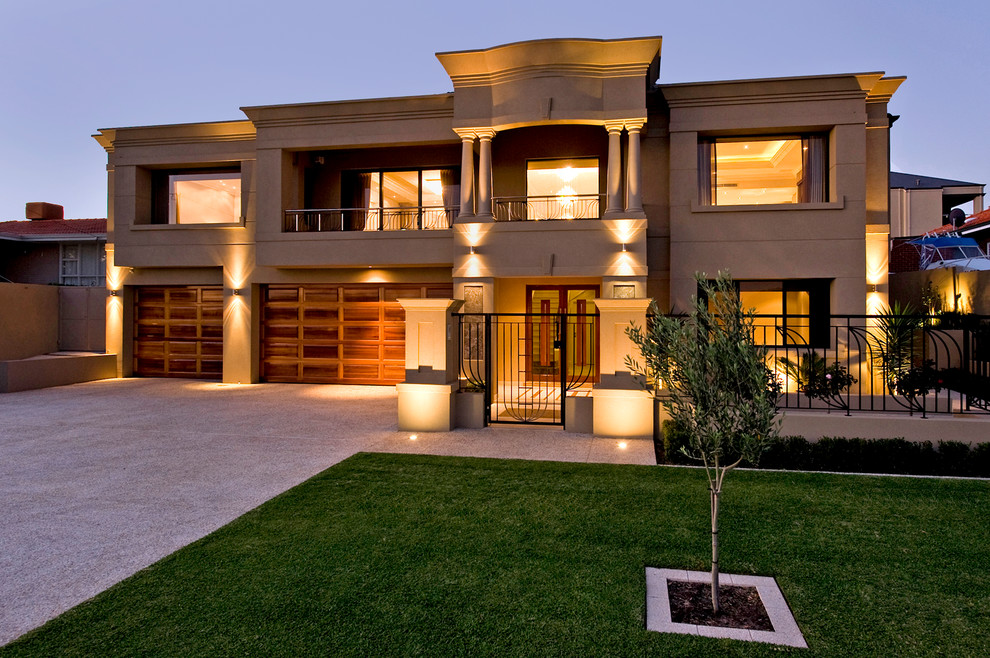 Photo of a mid-sized contemporary enclosed exterior in Perth with beige walls, carpet and a built-in media wall.