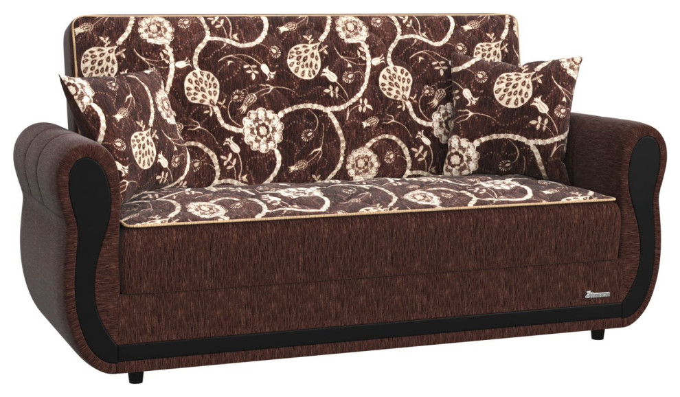 Convertible Loveseat, Padded Chenille Fabric Seat With Floral Pattern, Brown