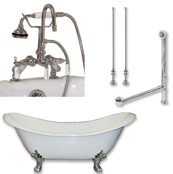 Cast Iron Double Ended Slipper Tub, English Style, Polished Chrome, 71