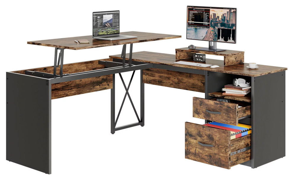 LShaped Desk, Large Worktop With Monitor Stand & Lift Up Portion