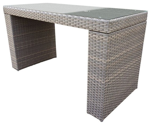 TKC Oasis Glass Top Patio Pub Table in Gray Stone Tropical Outdoor