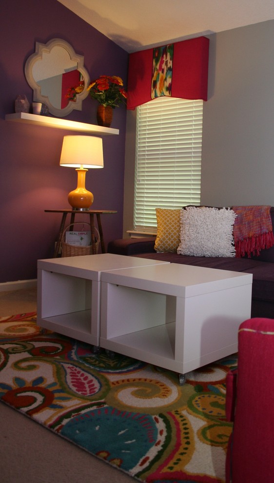 Inspiration for a mid-sized eclectic kids' room for girls in Jacksonville with purple walls and carpet.