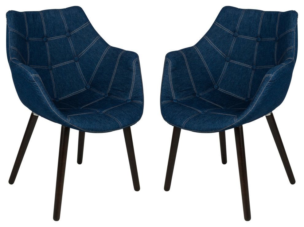 LeisureMod Milburn Tufted Denim Lounge Chair, Set of 2 Denim