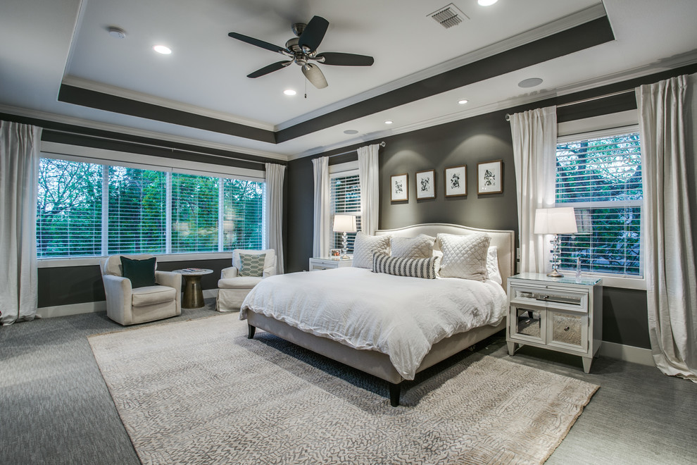 Inspiration for a large transitional master bedroom in Dallas with grey walls, carpet, no fireplace and grey floor.