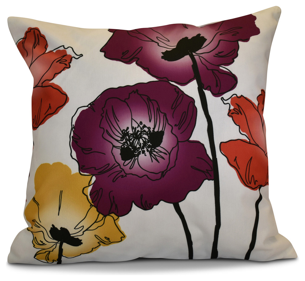 Poppies Floral Print Pillow, Purple, 16"x16"