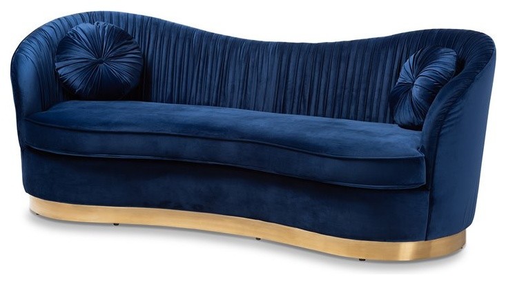 Baxton Studio Nevena Upholstered Velvet and Wood Sofa in Royal Blue and Gold