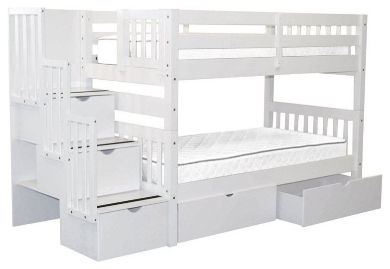 Bedz King Pine Wood Twin over Twin Stairway Bunk Bed with 2-Drawer in White