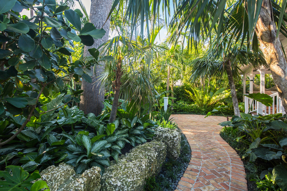 Inspiration for a mid-sized tropical front yard full sun garden in Miami with brick pavers.