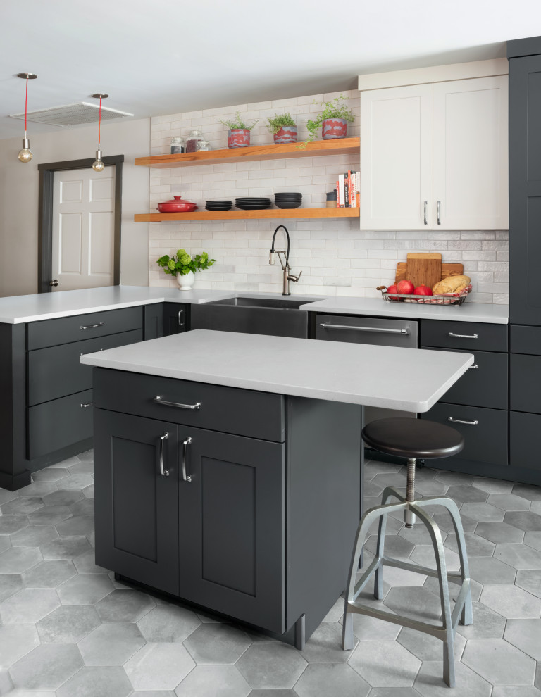 Inspiration for a large transitional l-shaped ceramic tile and gray floor eat-in kitchen remodel in Austin with a farmhouse sink, shaker cabinets, green cabinets, quartz countertops, yellow backsplash, subway tile backsplash, stainless steel appliances, an island and gray countertops