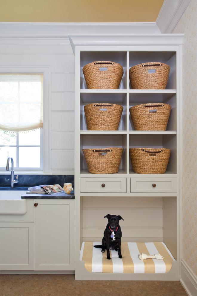 Inspiration for a transitional laundry room in Other with a farmhouse sink, soapstone benchtops, white walls and cork floors.