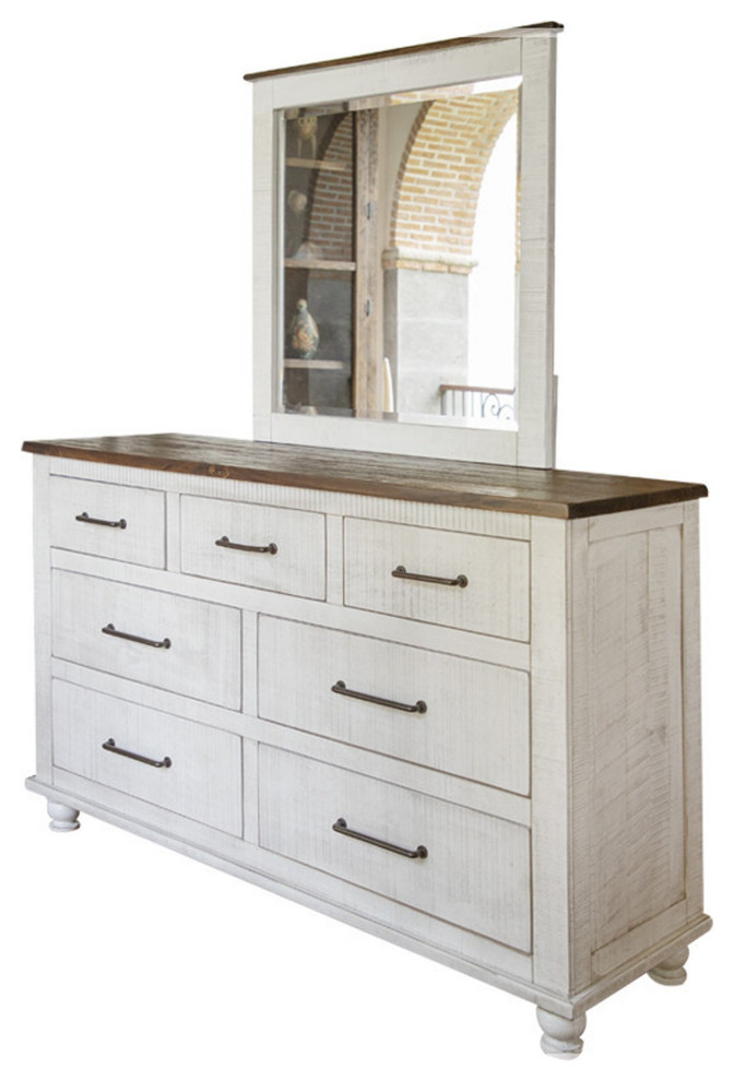 Avalon Rustic Farmhouse 7 Drawer Dresser - White, With Mirror