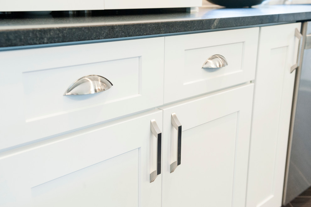 Satin Nickel Cabinet Pulls On White Shaker Cabinets Transitional