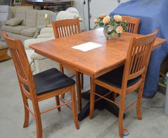 36" high; 42 x 48 mission single pedestal 2 leaf table with 4 carlisle breakfast