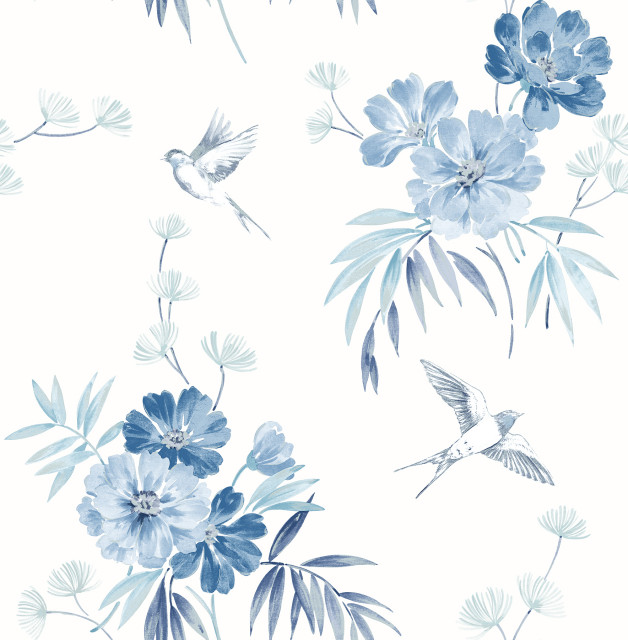 Beacon House by Brewster 302-66878 Bloom Blue Floral Trail Wallpaper 