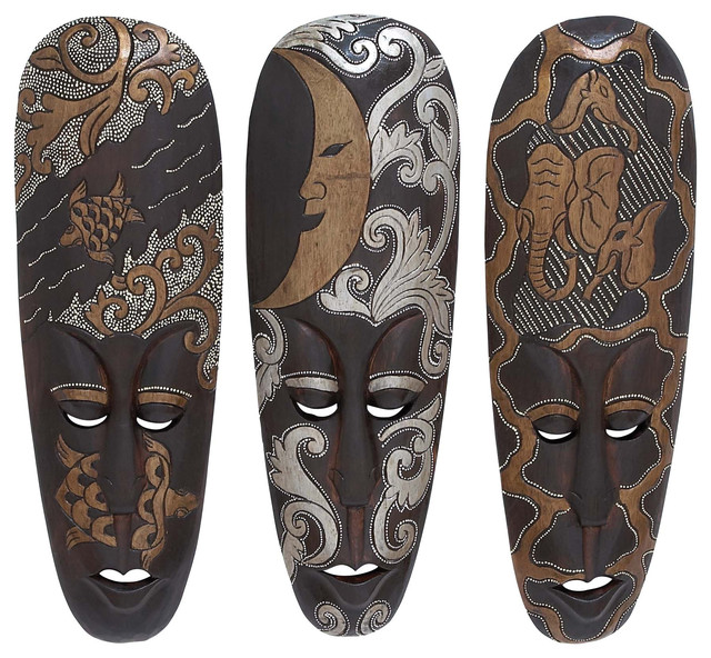 Set Of 3 African Mask Elephant Moon Gold Silver Design Brown Wall Set Of 3 African Mask Elephant Moon Gold Silver Design Brown Wall Decor Art