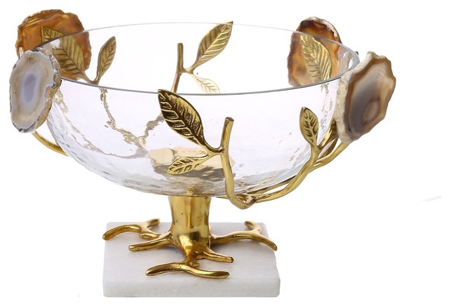 Classic Touch Glass Salad Bowl With Gold Leaf-Agate Stone Design -  15"H