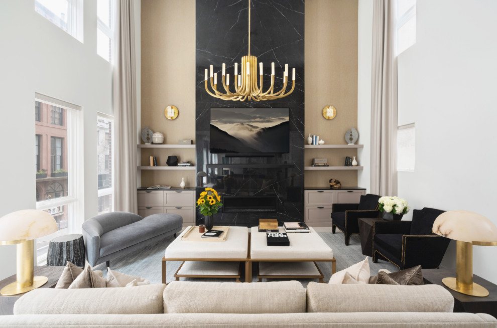 Photo of an expansive transitional family room in Philadelphia with a standard fireplace and a stone fireplace surround.