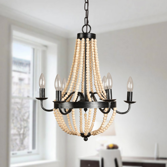 6 Light Beaded Wooden Vintage Lamp Bohemian Chandelier - Transitional ...