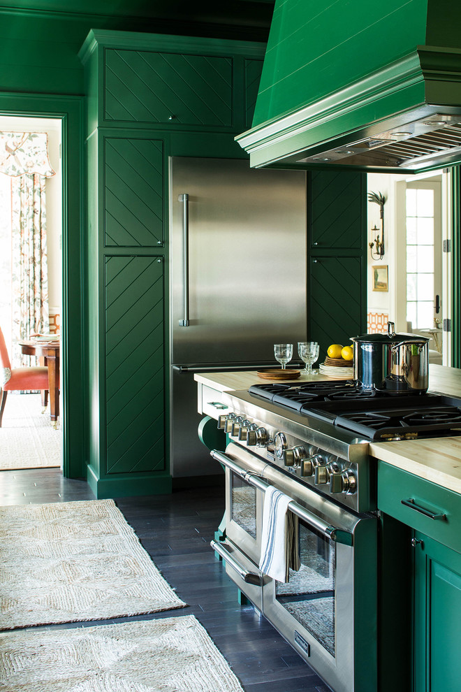 Inspiration for a mid-sized traditional l-shaped open plan kitchen in Birmingham with green cabinets, an undermount sink, raised-panel cabinets, stainless steel appliances, dark hardwood floors, with island, quartzite benchtops, brown floor and beige benchtop.