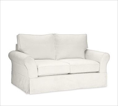 PB Comfort Roll-Arm Slipcovered Love Seat, Down-Blend Wrap Cushions, Twill White