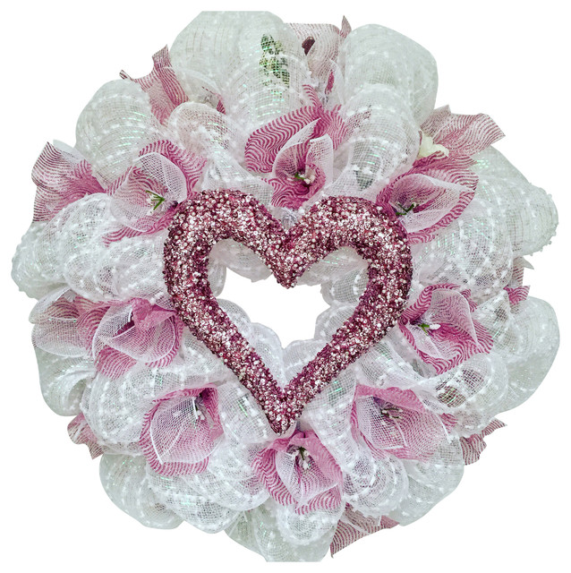 Bridal Or Valentines Day Wreath With Pink Pearl Heart Tulle And Bridal Or Valentines Day Wreath With Pink Pearl Heart Tulle And Flowers Deco Mes Contemporary Wreaths Garlands By What A Mesh Diana