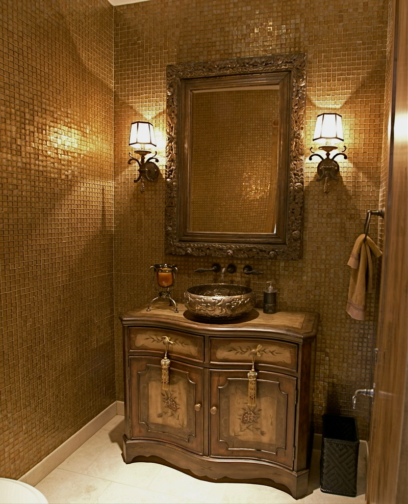 Inspiration for a small traditional 3/4 bathroom in Phoenix with a vessel sink, furniture-like cabinets, distressed cabinets, wood benchtops, glass tile and travertine floors.