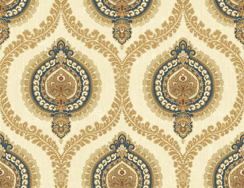 Medallion Ogee Wallpaper in Navy Gold IM71202 from Wallquest