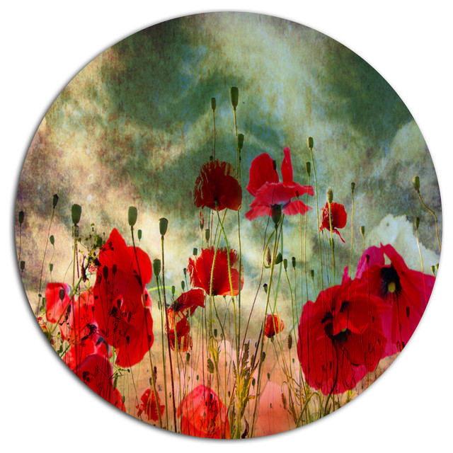 Wild Red Poppy Flowers In Sky, Floral Disc Metal Wall Art